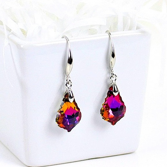 Austrian Crystal Silver Drop Dangle Colorful Baroque Leaf Earrings - Picture 3 of 4